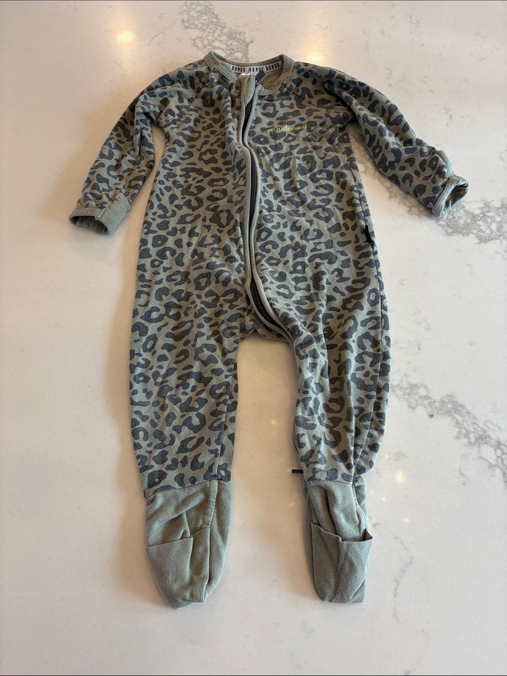 Bonds Olive Leopard Footed One-Piece - Green & Gray